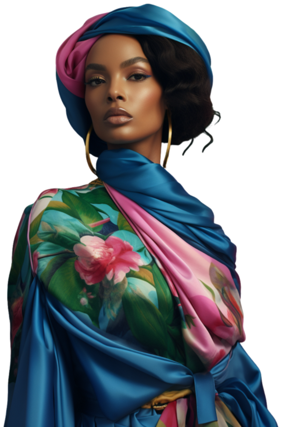 Woman wearing a colorful floral scarf with a blue turban on a white background